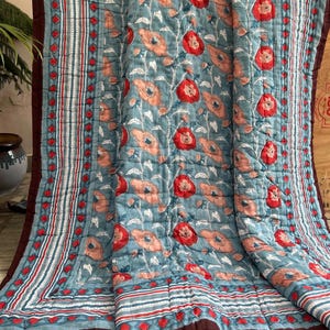 Block Print Cotton Quilt, Reversible Floral Blanket, Soft Summer Quilt, Bedding quilt, Soft Indian Bed/Sofa Throw, Queen Size Handmade Quilt