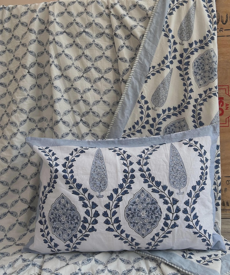 Handmade Cotton Block Print Quilt: Reversible Floral Bedspread image 11