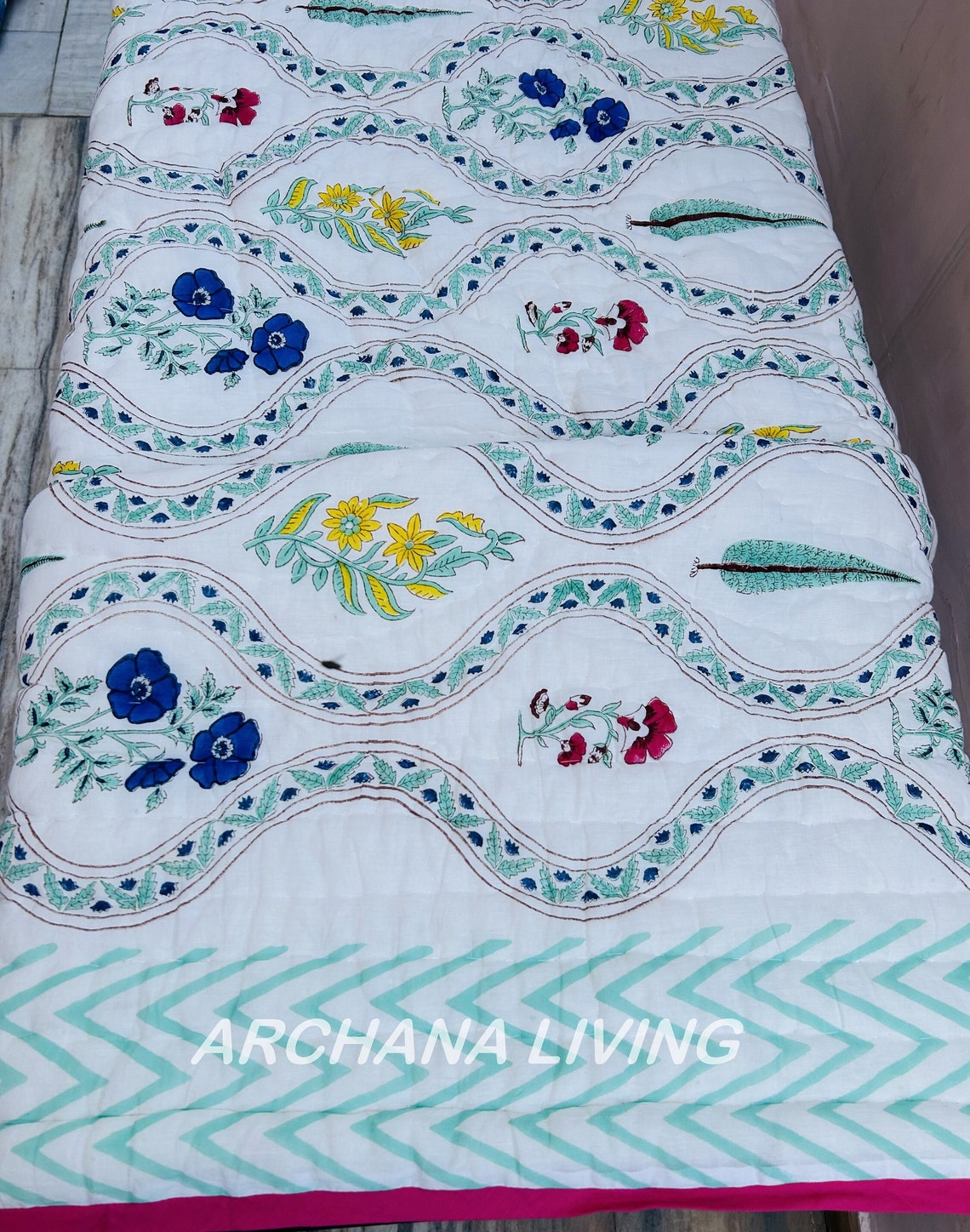 Hand Block Print Quilt Floral Dark Base, Soft Quality Quilt Ultra Warm