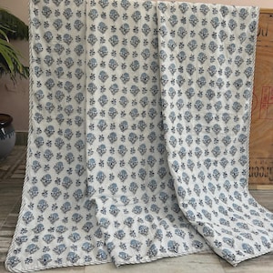 King Size Block Print Cotton Dohar Quilt: Reversible Floral Indian Bedding