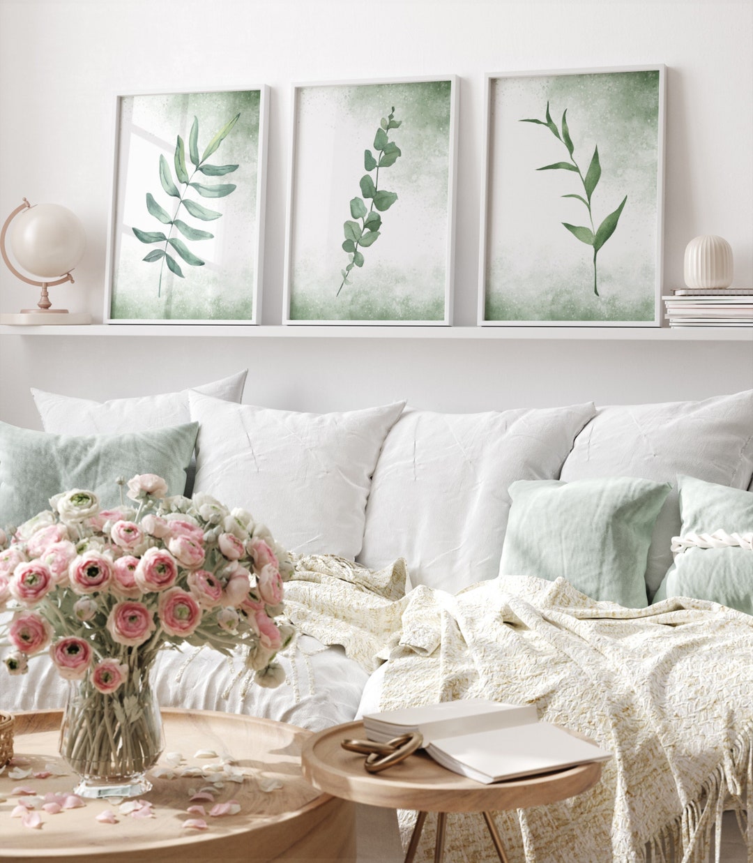 3 Piece Large Botanical Sage Green Wall Art Dark Green Botanical Art Print Set Emerald Greenery ...