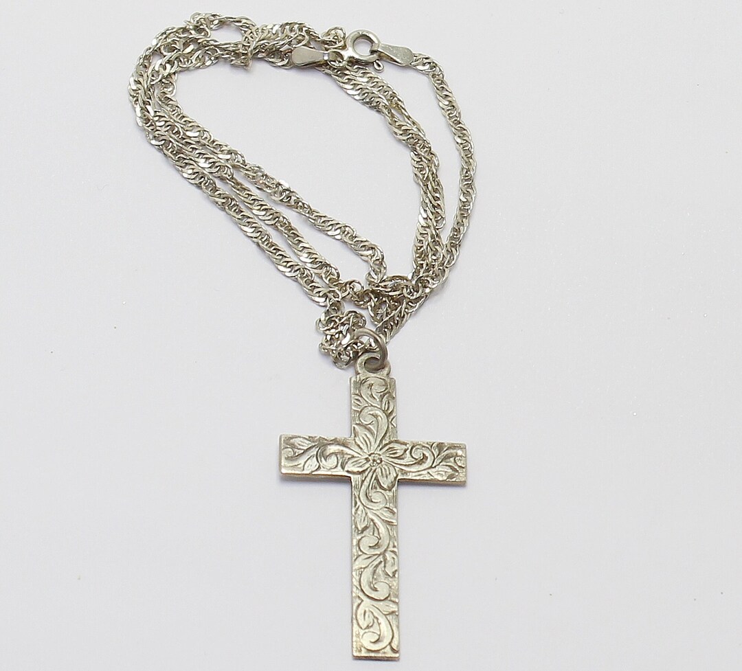 Vintage JA&S Sterling Silver Floral Cross Pendant on 18 Singapore Chain ...