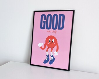 Good Vibes Art Print Retro Smiley Character Poster, Aesthetic Room Decor, Colorful Wall Art, Cute Illustrated Wall Decor, Digital Download