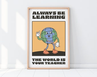 Retro Character Poster, 70s Wall Decor, Education Art Print, Poster for Teacher, Classroom Poster, Keep Learning, Digital Download Print