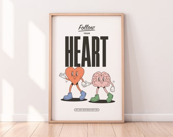 Retro Character Poster, Motivational Art Print, Follow Your Heart, Follow Your Bliss, Heart Cartoon, Office Wall Decor, Digital Download