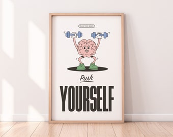 Retro Character Poster, Push Yourself, Motivational Slogan Poster, Office Wall Decor, Brain Drawinf, Train Your Brain, Digital Download