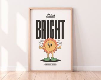 Shine Bright Retro Wall Decor, Sun Retro Character Wall Art, Sunshine Art Print, Sun Digital Print, Digital Download Poster