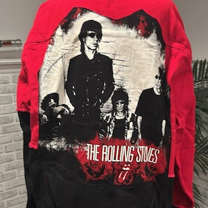 Red and Black Jean Jacket with Rolling Stones band image on back