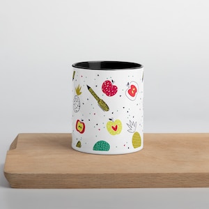 Taza / Taza con bolígrafo de manzanas y piñas (con color en el interior)