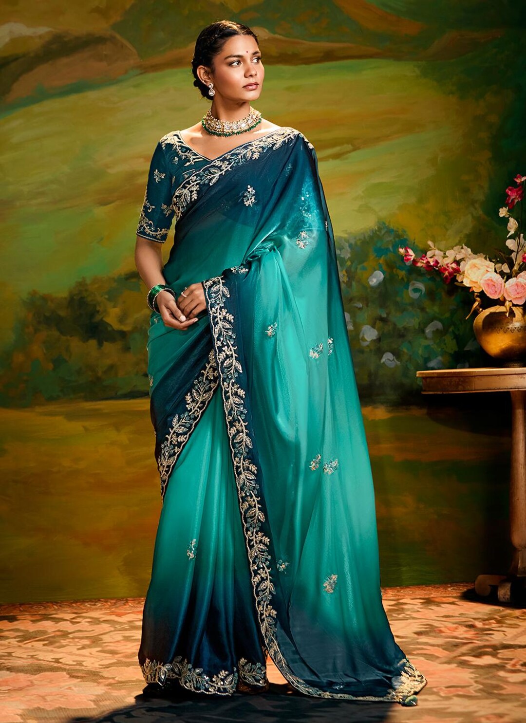 Turquoise Green Smocking Muslin Saree with Self Border