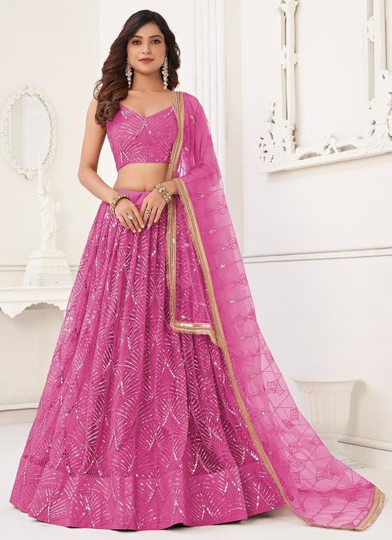 Designer Net Sequins Dark Pink Lehanga Choli, Indian Wedding Lehenga Choli, Party Wear Chaniya Choli, Custom Made Lehnga Set For Women