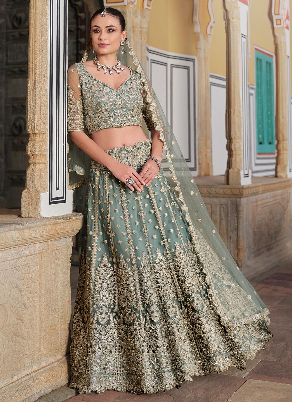 Sage Green A Line Trendy Wedding Lehenga Choli