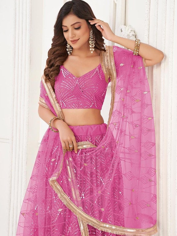 Designer Net Sequins Dark Pink Lehanga Choli, Indian Wedding Lehenga Choli, Party Wear Chaniya Choli, Custom Made Lehnga Set For Women