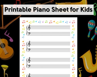 2-Pack Printable Kids Blank Piano Sheet Music | Wide Grand Staff Music Sheet with Colorful Music Note Frame