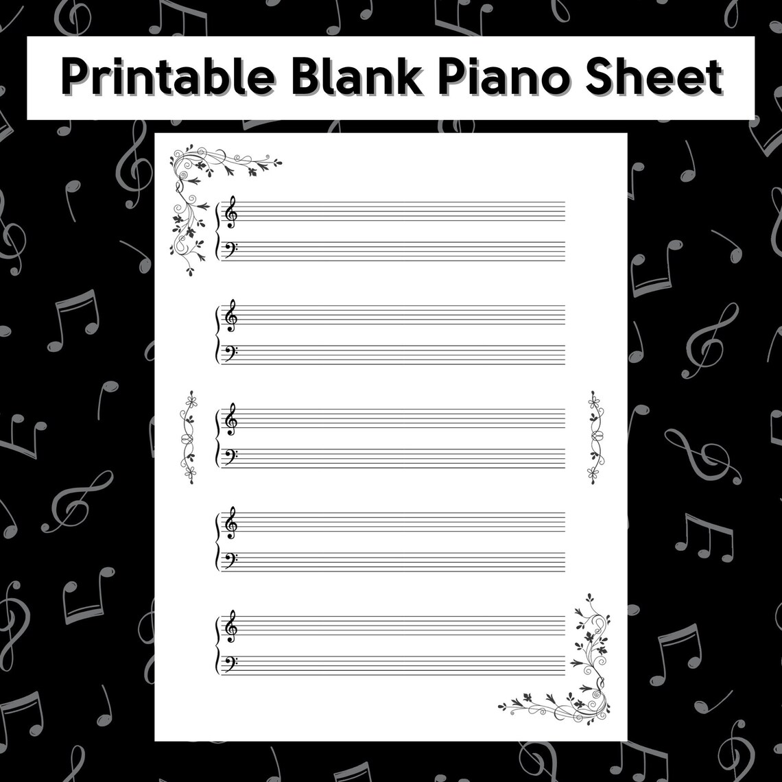 4-pack Printable Blank Piano Sheet Music | Floral Music Manuscript ...
