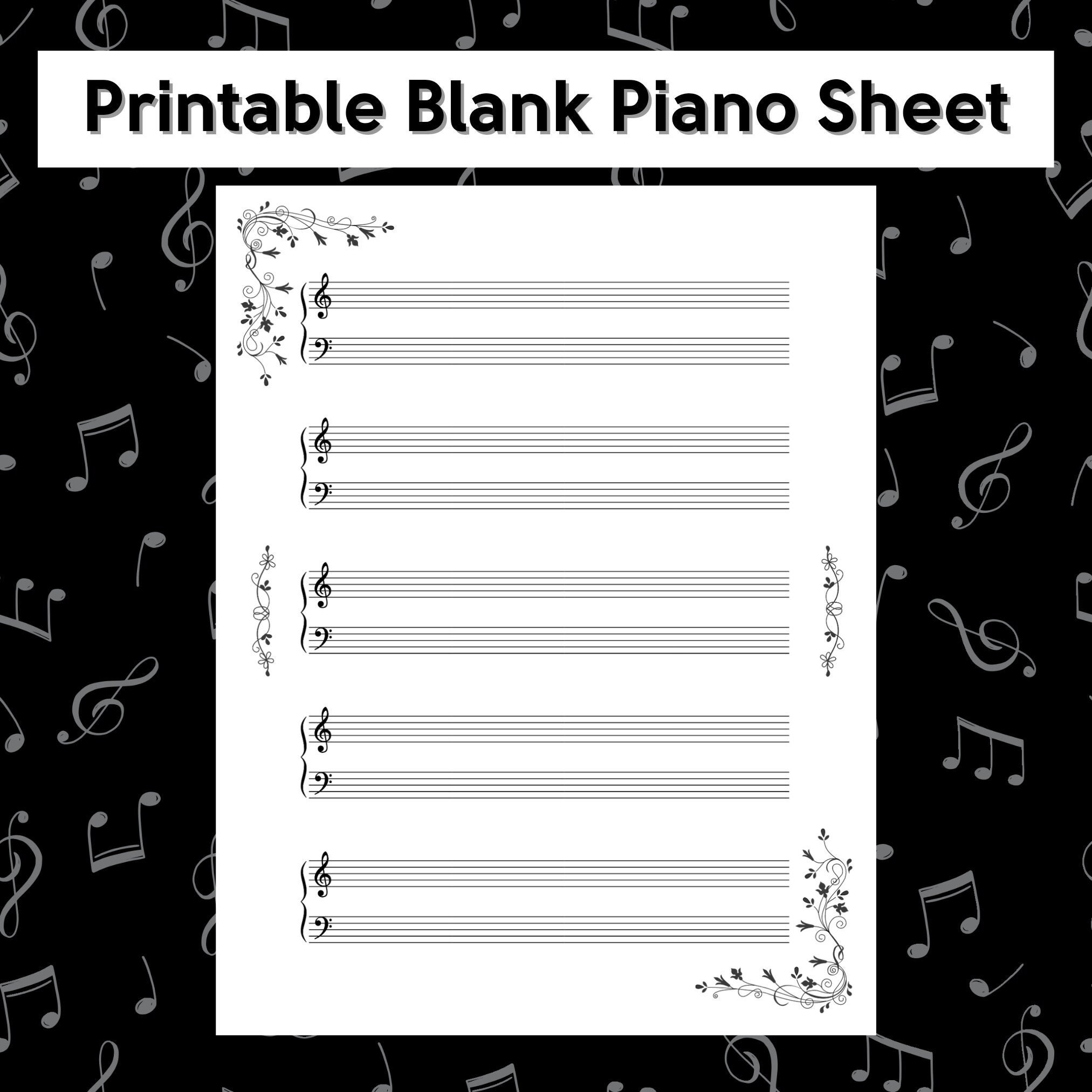 4-pack Printable Blank Piano Sheet Music | Floral Music Manuscript ...