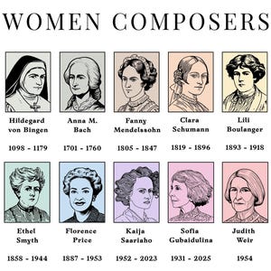 May include: A poster featuring portraits of female composers, including Hildegard von Bingen, Anna M. Bach, and Fanny Mendelssohn. The text "WOMEN COMPOSERS" is at the top. Each portrait is accompanied by the composer's name and birth/death years.