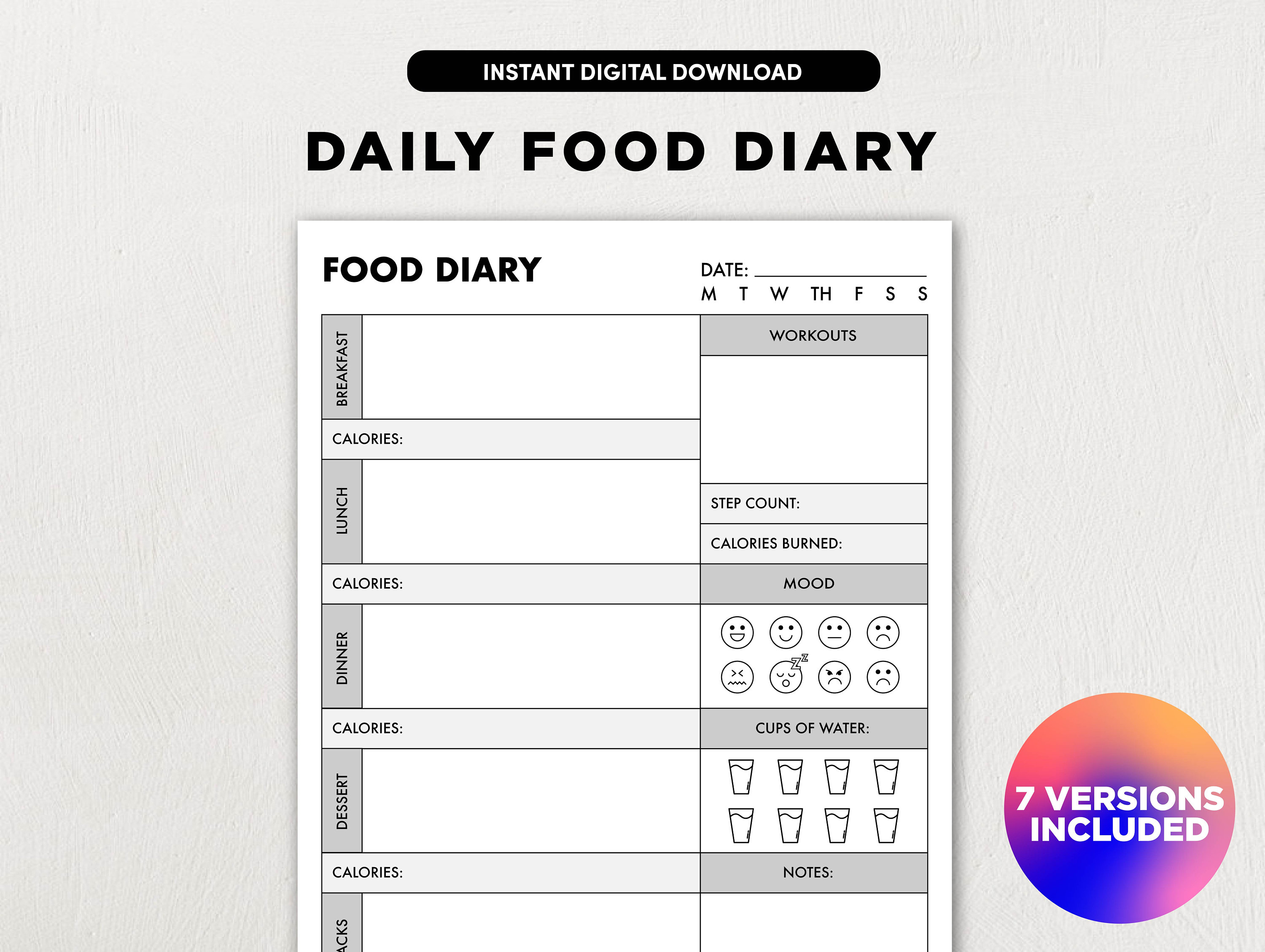 Daily Food Diary Printable for Weight Loss, Minimalist Daily Calorie ...