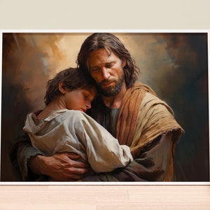 Jesus hält Teenager | Jesus mit Kind | Jesus Gemälde | Der lebendige Christus | Bild von Jesus | Jesus Kunstdruck | HLT Kunst