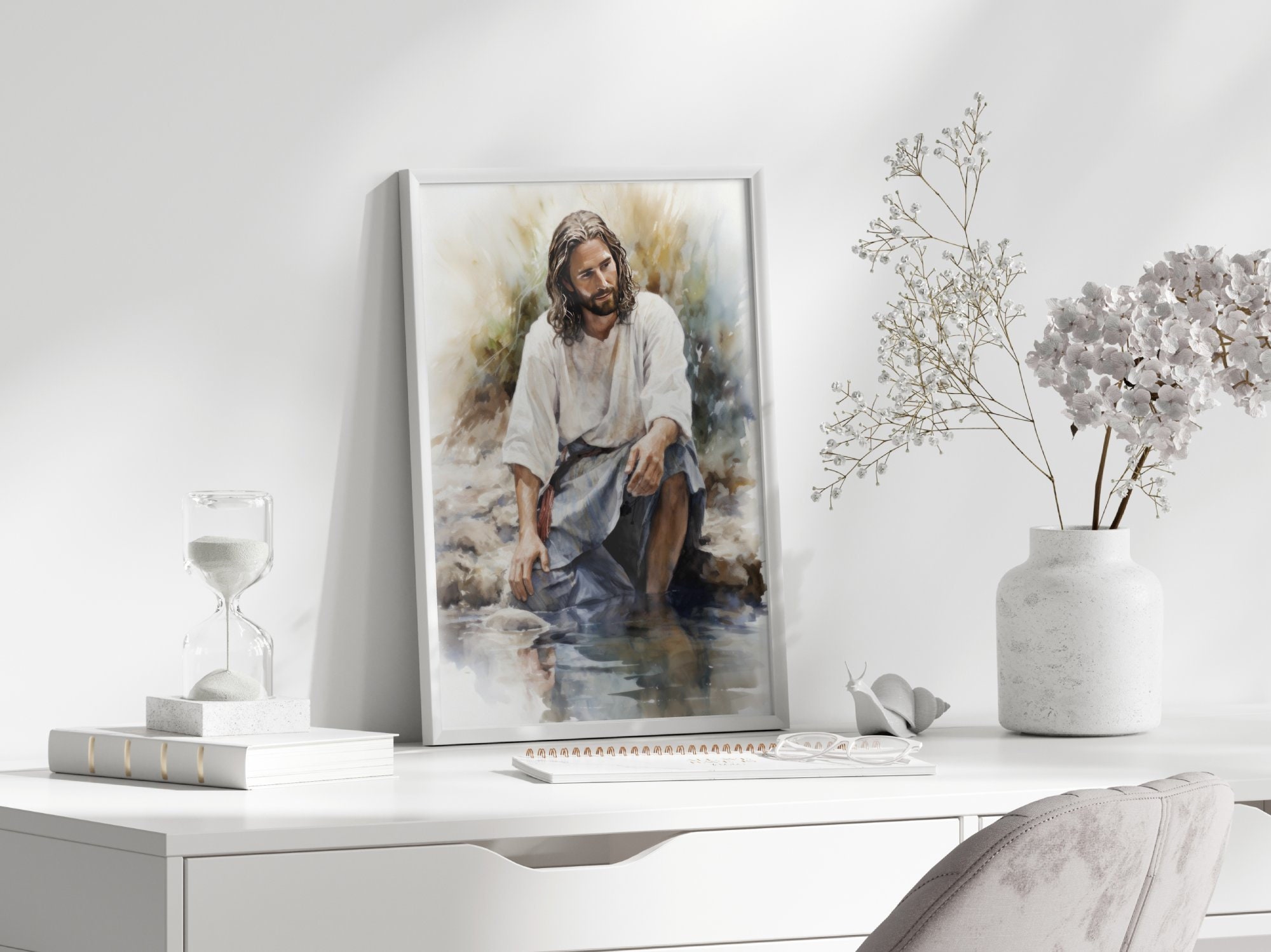 Jesus by the River, Watercolor Poster Painting Print Bible Verse Wall ...