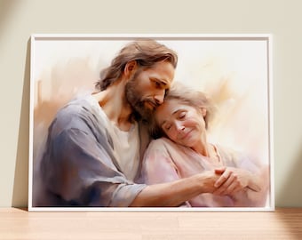 May include: A painting of a man with a beard and long hair, holding a woman in his arms. The man is wearing a blue robe and the woman is wearing a pink robe. They are both looking at each other with love and compassion.