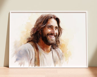 Smiling Jesus Watercolor Art Print | Christian Wall Decor (Digital Download)