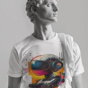May include: A white t-shirt with a colorful graphic print of a robot wearing headphones and holding a record player. The robot is surrounded by colorful paint splatters.