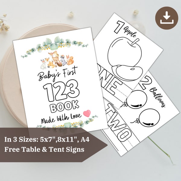 123 Coloring Book Baby Shower Game, Woodland Greenery Number Coloring Book, Personalized Activity Keepsake, Baby’s First 123 Book, Digital