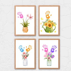Buquê de impressão de mão presente para a mãe, dia das mães artesanato arte de impressão de mão atividade de aniversário buquê floral avó mãe presente arte de flor para impressão