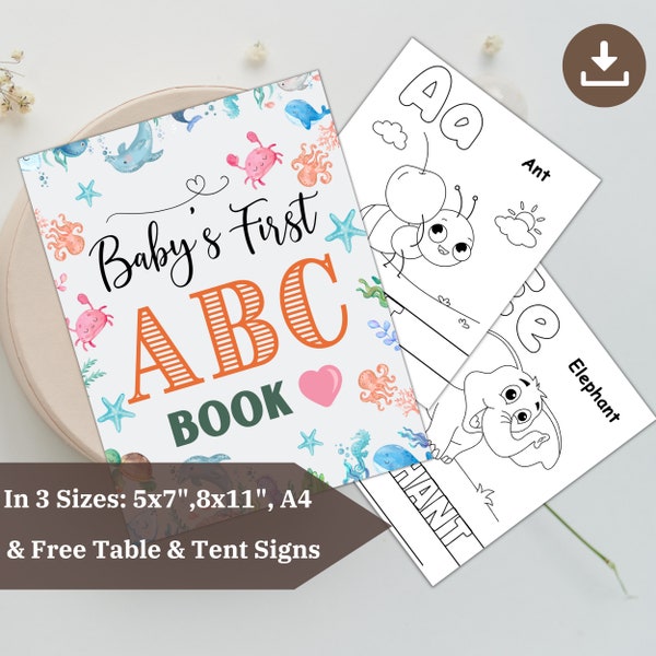 Ocean Baby Shower ABC Book | Under the Sea, Alphabet Whale Coloring Activity, Nautical Animals, Turtle, Under the Sea Favors & Party 0605
