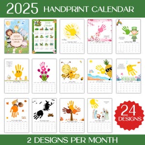 Calendrier 2025 imprimable empreinte de main bricolage, lot d'oeuvres d'art pour bébé et tout-petit, souvenir d'enfant, école du dimanche, carte d'étape mensuelle