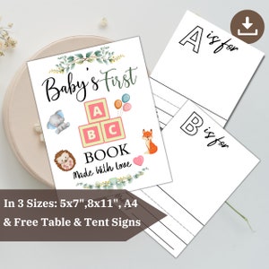 Modelo de livro ABC para chá de bebê imprimível, cartões do alfabeto DIY, atividade de chá de bebê, páginas para colorir ABC, livro de visitas para bebês com vegetação