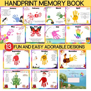 Handprint Memory Book Printable for kids, Monthly Printable Keepsake Art for PreK & Kindergarten, 1st Grade, Gift for Birthdays  Milestones