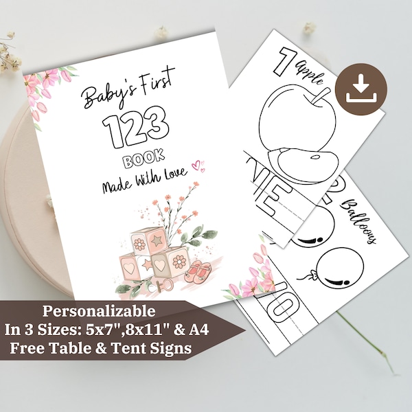 Baby's First 123 Coloring Book Girl Baby Shower Pink Alphabet and Numbers Coloring Pages Activity Game Baby First 123 Book, Instant Download