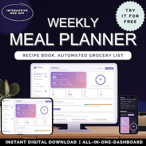 May include: A digital weekly meal planner interface displayed on a desktop monitor, a tablet, and a smartphone. The dashboard features purple and white gradients, displaying recipe books and automated grocery lists with the text "MealNest".