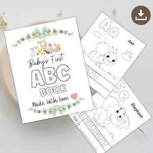 ABC Coloring Book Baby Shower Game, Woodland Greenery Alphabet Coloring Book, Personalized Activity Keepsake, Baby's First ABC Book