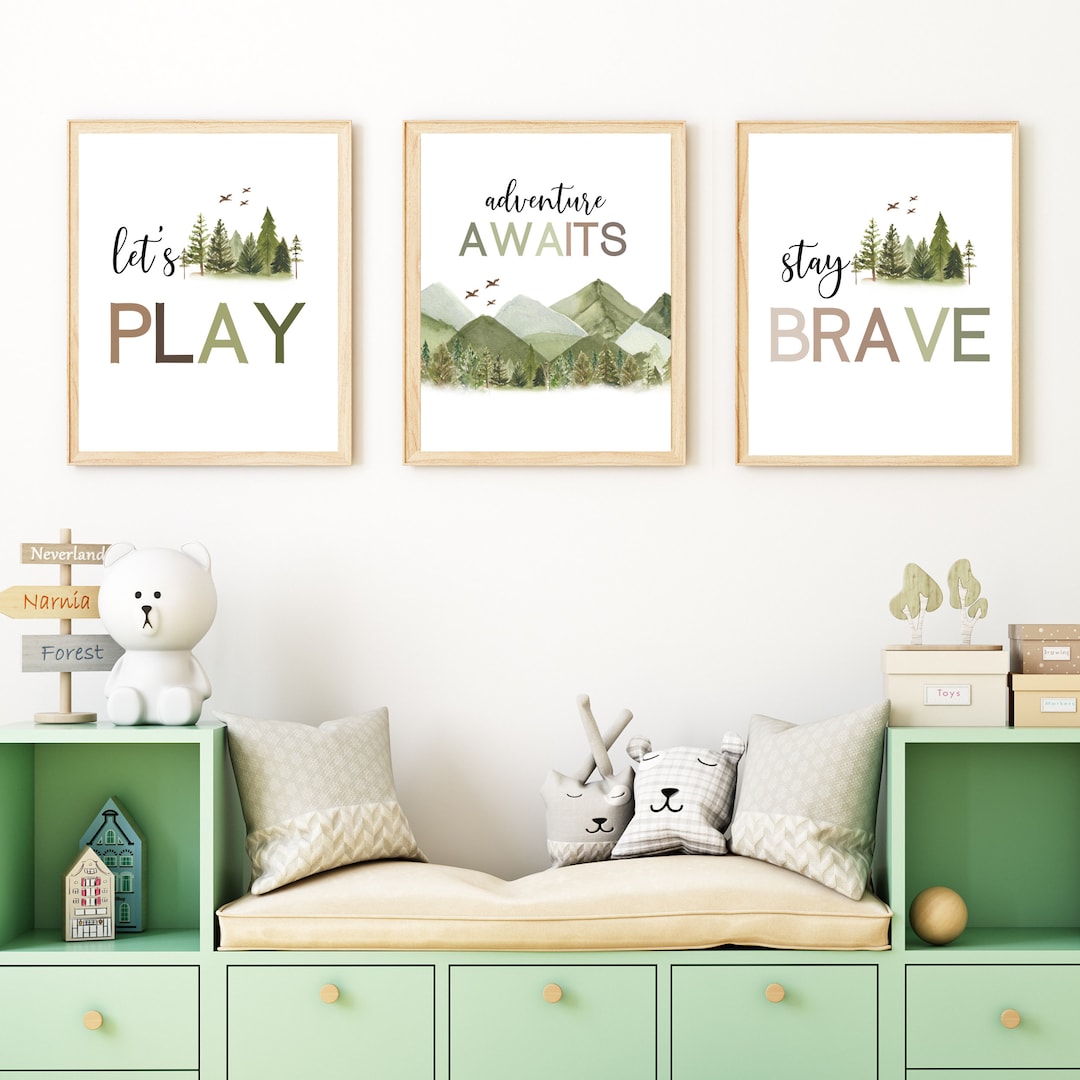 Adventure Awaits Wall Art Set of 3 Woodland Nursery Prints Neutral