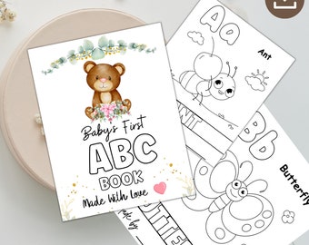 ABC Book Baby Shower Game, baby’s first ABC book, Alphabet Coloring Book, Greenery Digital, Printable activities, Instant Download