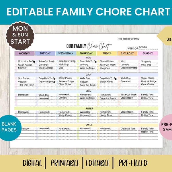 Family Chore Chart | Editable weekly chore chart | Cleaning printable | Family Calendar | Command Center | Cleaning Templates | Kids Adult