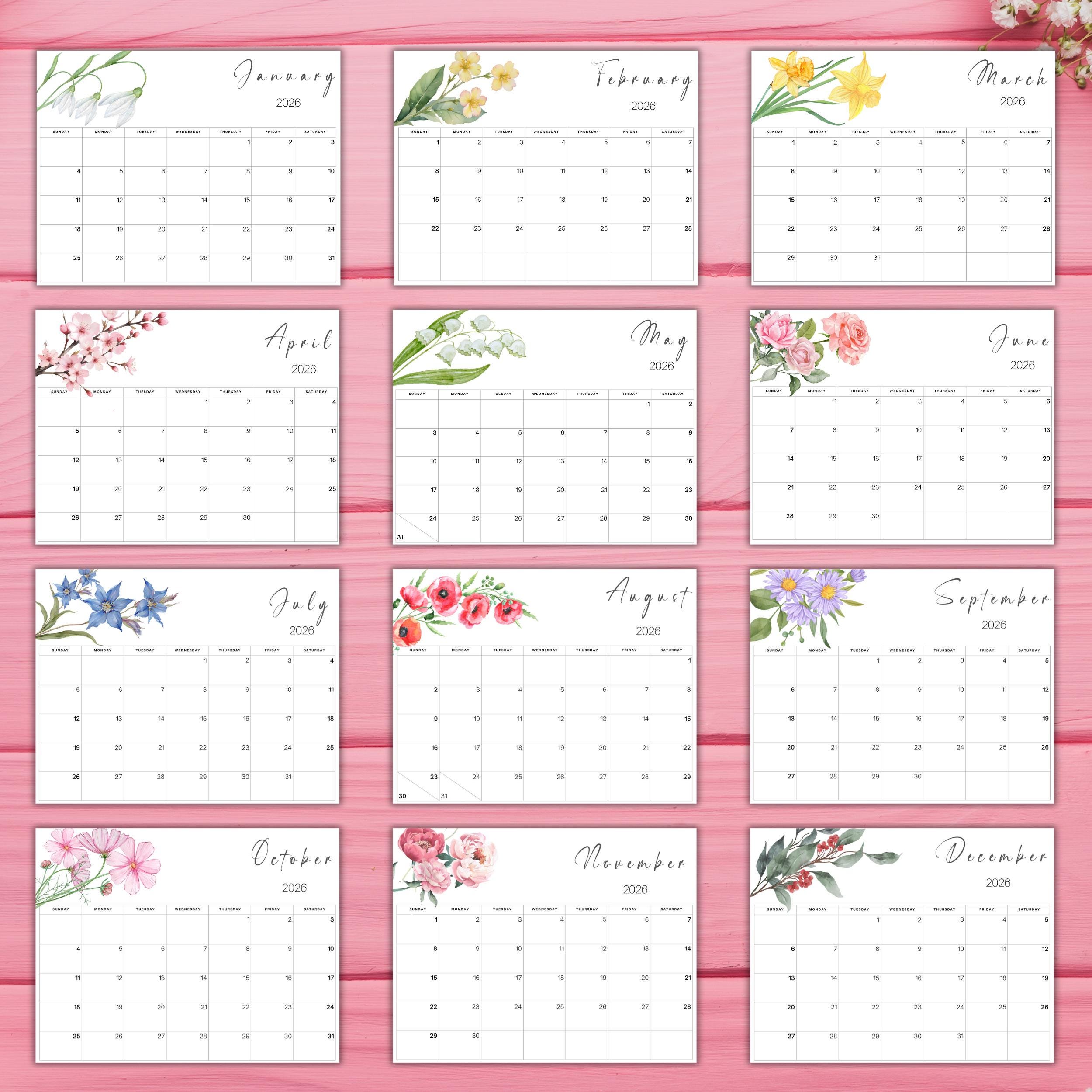 2026 Watercolor Floral Calendar: Printable Monthly Planner (PDF) - Etsy