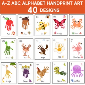 May include: A-Z ABC Alphabet Handprint Art with 40 Designs.  Each letter of the alphabet is paired with a handprint design and a corresponding animal or object.  For example, the letter A is paired with an apple and an acorn, the letter B is paired with a bee and a butterfly, and the letter C is paired with a crab.