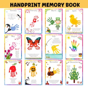Handprint Memory Book for Kids with Poems, 12-Month Yearly Printable Craft for Preschool, Kindergarten 1st Grade, Daycare Keepsake Printable