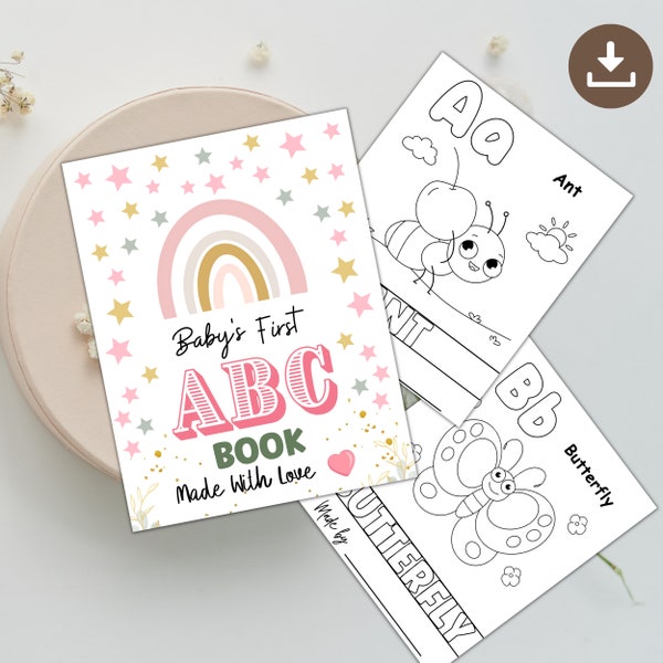 ABC Book Baby Shower Game, Alphabet Coloring flashcards printable, Gender Neutral Baby's First,  Coloring Pages, Digital Instant Download