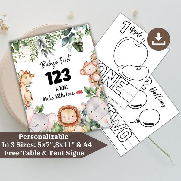 Baby's First 123 Animal Book Printable 123 Coloring Book  Woodland Baby Shower Game Activity Numbers Coloring Book Digital Instant Download