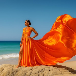 Flying Dress with Long Train: Satin Flowing Gown for Photoshoots