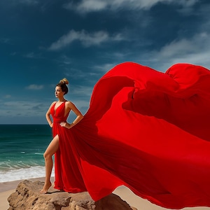 Red Flying Dress for Photoshoot, Long Flowing Satin Gown with Train, Flowy Red Dress for Santorini, Beach Maternity or Travel Shoot Outfit