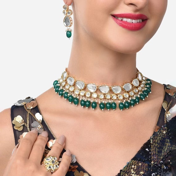 3 Piece with the Finest Quality Kundan Choker Set with Green Beads and –