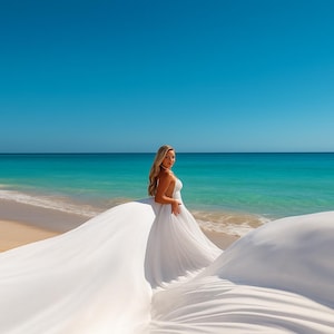 May include: A woman in a white wedding dress stands on a sandy beach with turquoise water and a bright blue sky. The dress has a flowing train that billows in the wind. The image is taken on a sunny day.