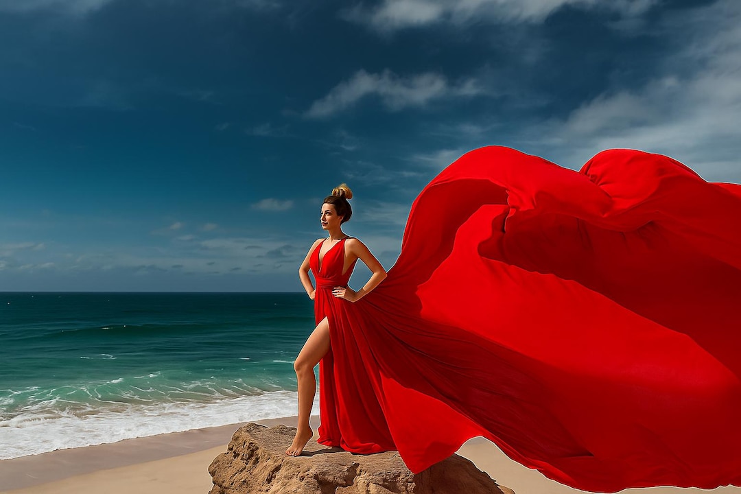 Red Flying Dress for Photoshoot, Long Flowing Satin Gown With