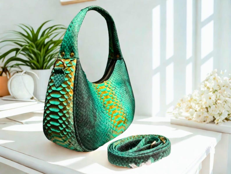 Python Snakeskin Tote Bag, Moon Leather Tote, Snakeskin Handbag, Women's Purse, Fashion Leather Bag, Unique Shoulder Bag - 3